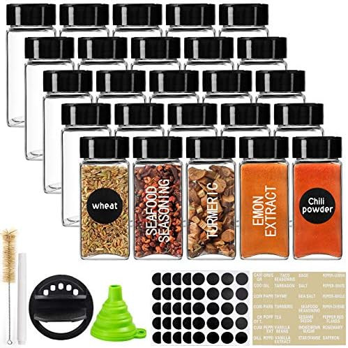 CUCUMI 25 Pcs Glass Spice Jars with Labels, 4oz Square Seasoning Jars with Black Lids for Spice, Sil | Amazon (US)
