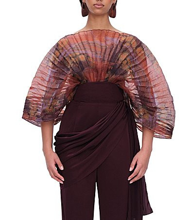 Andrea Iyamah Sombra Pleated Organza Boat Neck 34 Sleeve Bodysuit - M | Dillard's