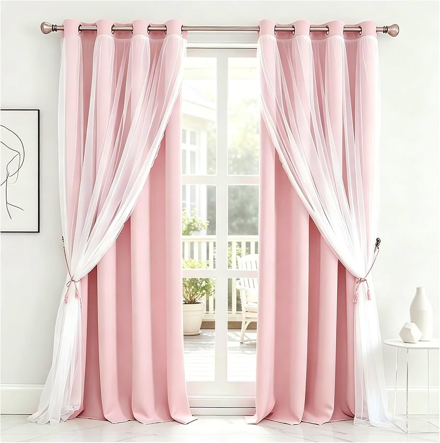 Pink Blackout Curtains with Lace Hems Sheer Overlay, 2 Panels, Thermal Insulated & Soundproof, Ro... | Amazon (US)
