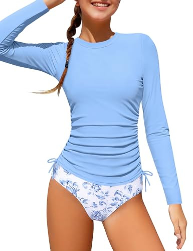 Girls Bathing Suit Two Piece Ruched Long Sleeve Rash Guard Print Design Swimsuit Size 6-14Y | Amazon (US)