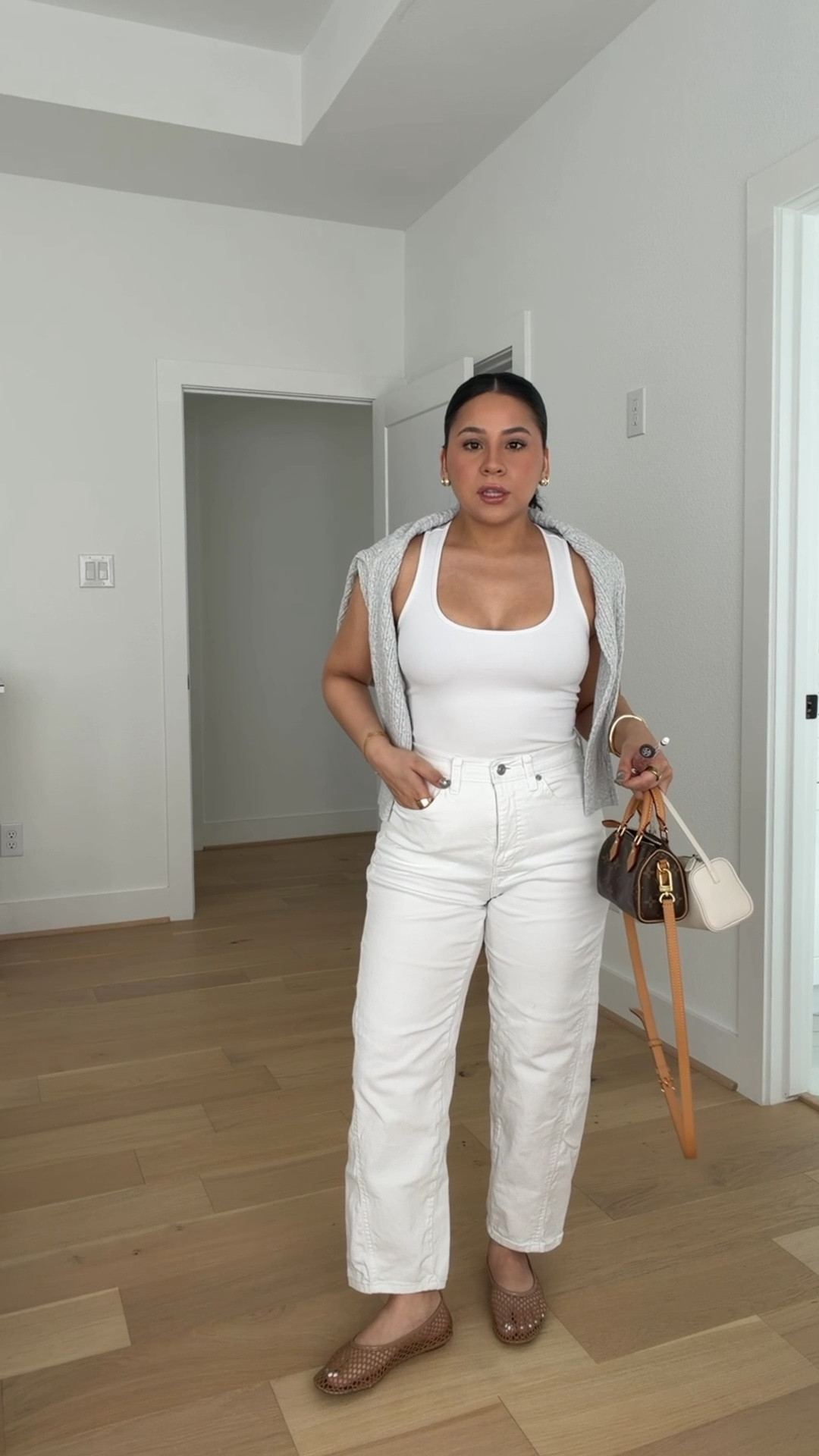 Tank: small
Jeans: 0 
Cardigan: xs 
Mesh ballet flats: 6.5 
Nano speedy 
The row inspired bag 
Gold jewelry 
Lip combo of the day 
Fragrance of the day 

#LTKootd #LTKSpringSale #LTKgrwm