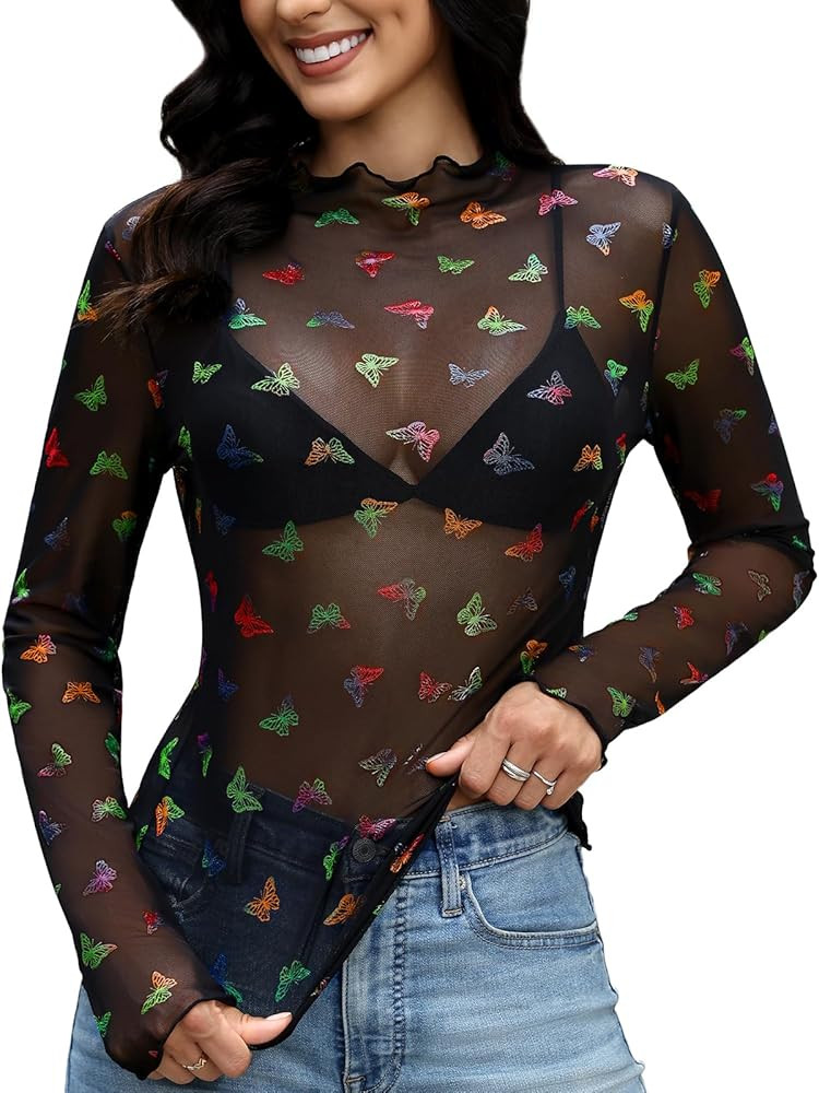 Womens Mesh Long Sleeve Tops Mock Neck Sexy See Through Tee Shirts Party Club Night Lace Blouse | Amazon (US)