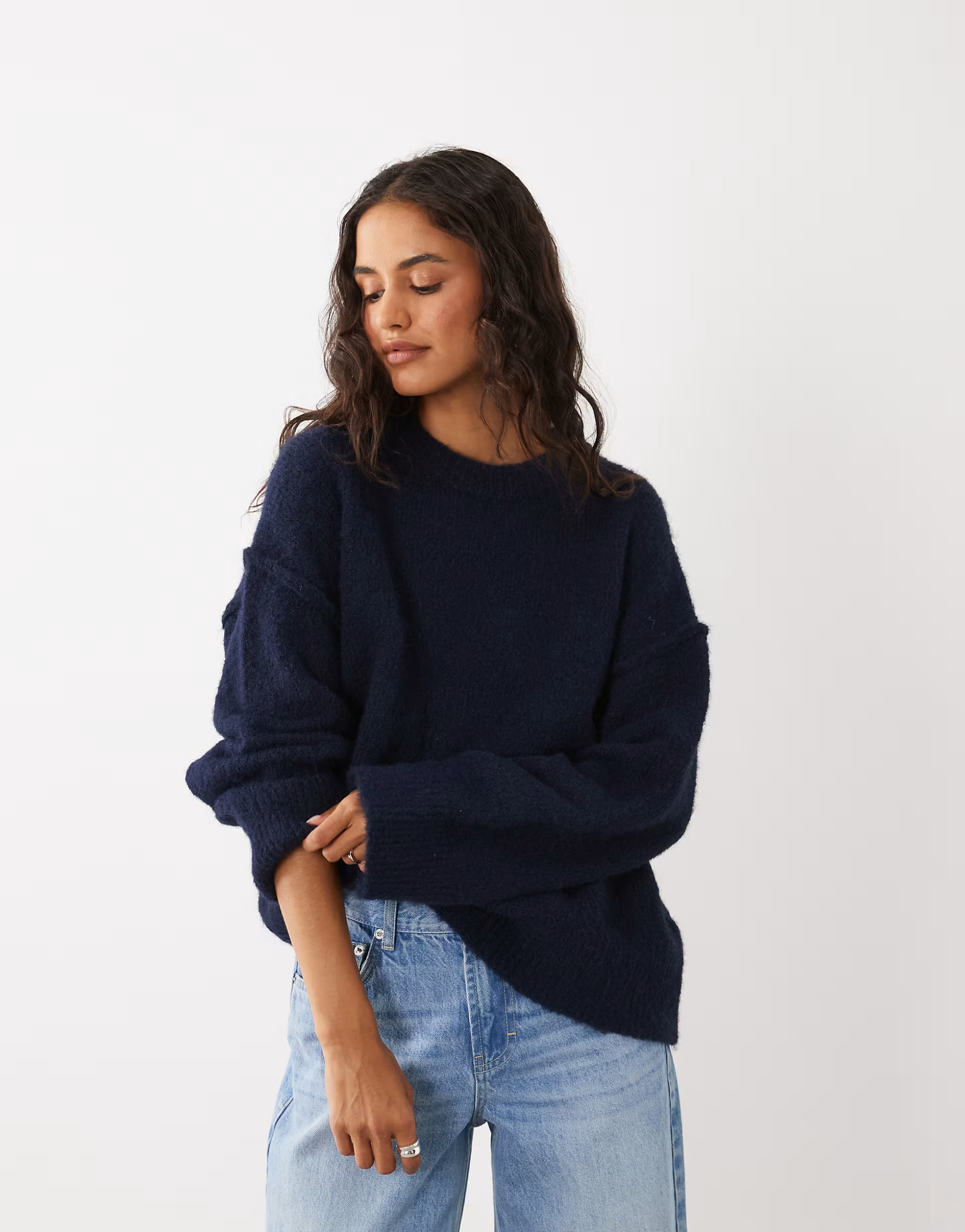 4th & Reckless wool feel fluffy drop shoulder jumper in navy | ASOS (Global)