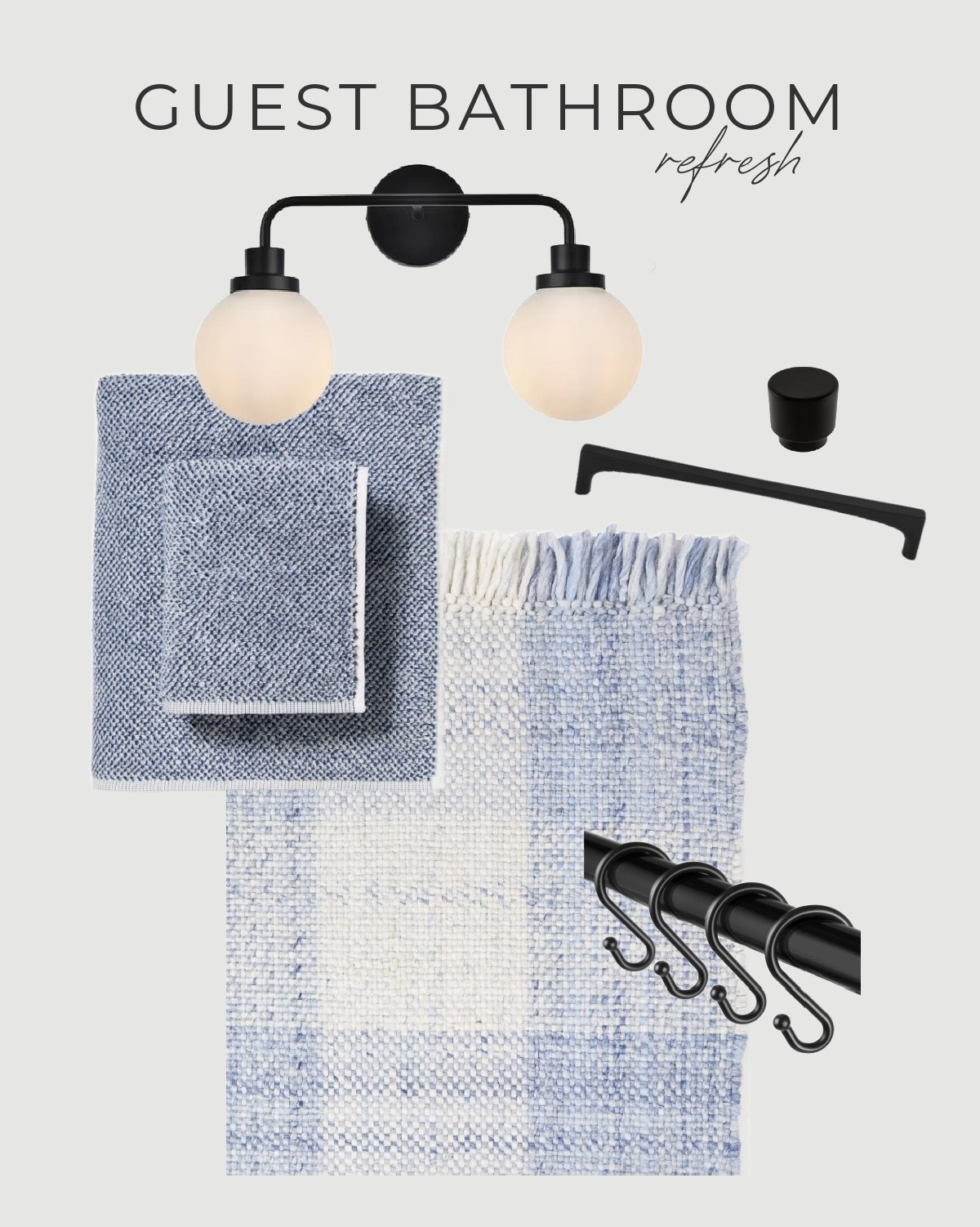 From the gingham rug to the navy heathered towels, this bathroom blends modern vintage charm with classic finishes. The curved shower rod helps the space feel more open, while the black hardware, sconce, and simple shower hooks keep everything feeling cohesive. Could your bathroom use a little refresh?

#LTKSaleAlert #LTKHome #LTKSeasonal