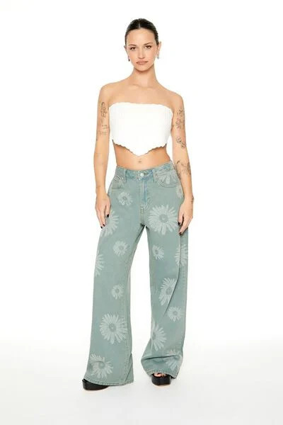 Floral Print Mid-Rise Baggy Jeans | Forever 21