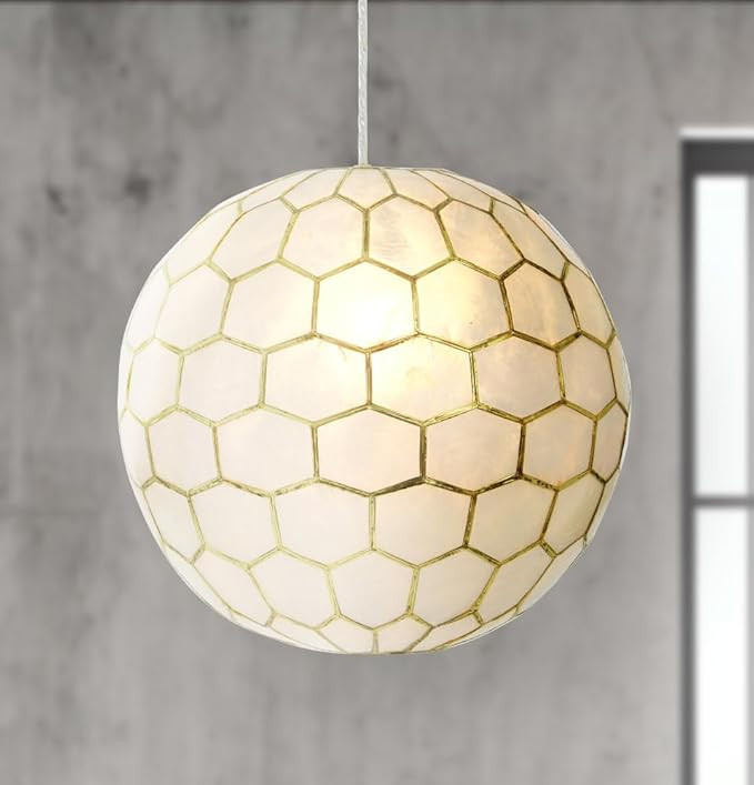 Creative Co-Op Honeycomb Globe Light, Capiz White Seashells with Antique Gold Pendant, 14" | Amazon (US)
