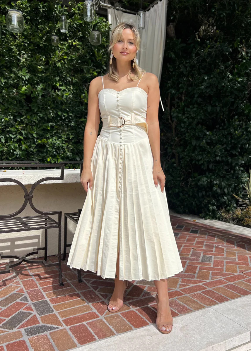 Carmela Belted Drop Waist Cream Pleated Midi Dress | Benaar La