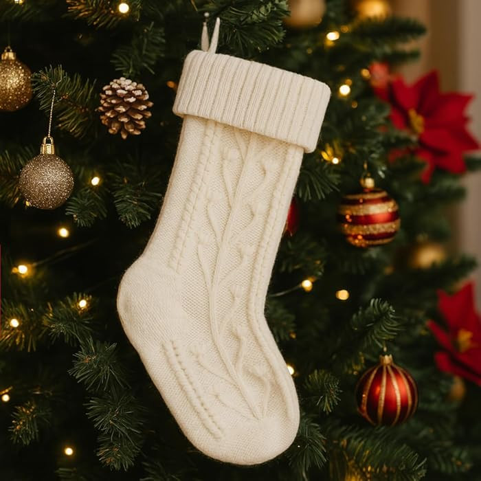 18 Inch White Christmas Stocking, Extra Large Cable Knit Holder, Xmas Stocking for Fireplace, Man... | Amazon (US)