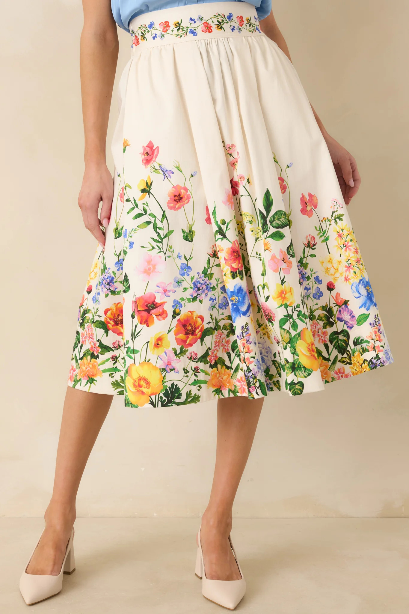 A Beautiful Arrangement Ivory Multi Floral Cotton Midi Skirt | Red Dress
