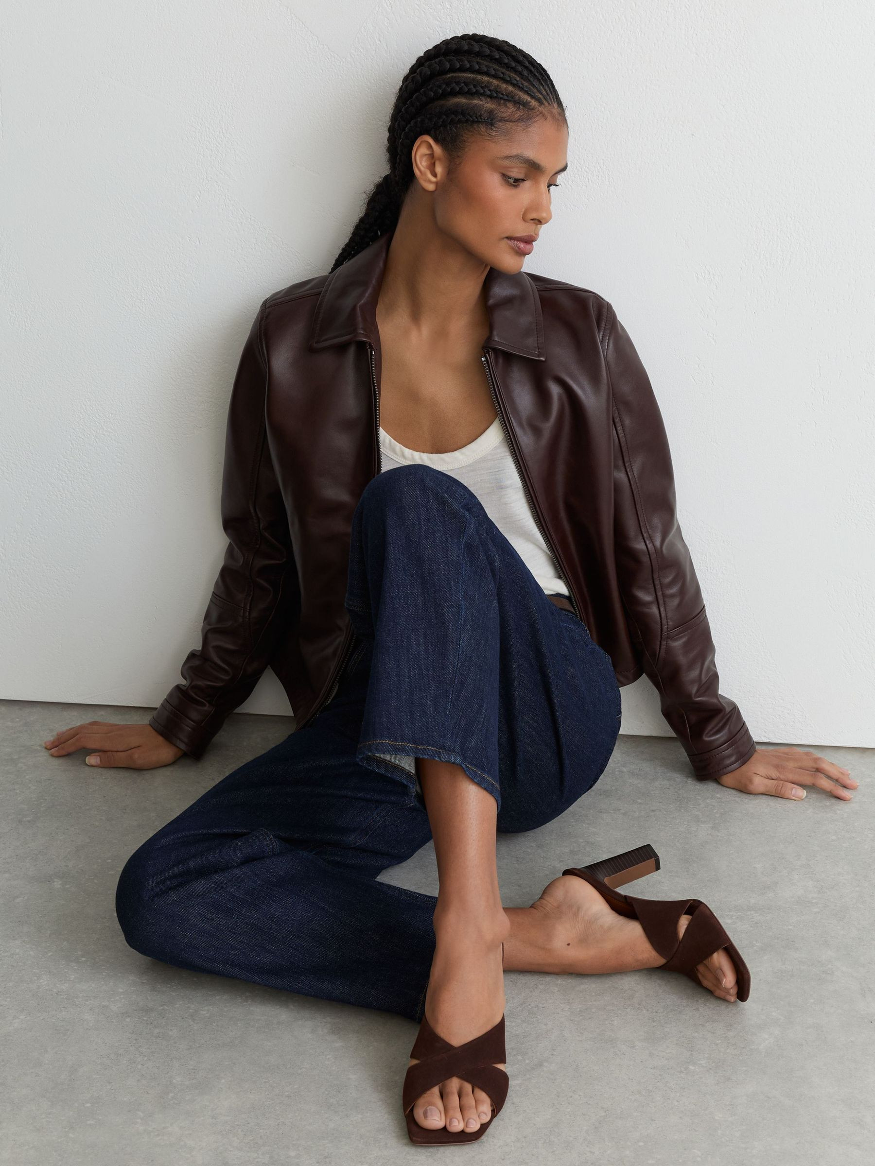 Reiss Suede Cross-Strap Block-Heel Mules in Chocolate - REISS | Reiss UK