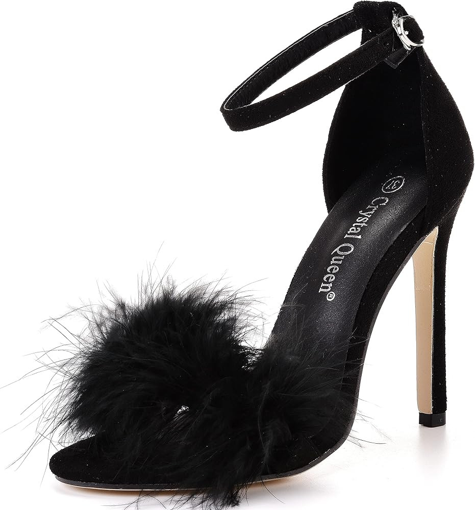 Size 12 Women's Open Toe Ankle Strap Fluffy Feather Stiletto Heels Sandals Dress Sandal Party Evenin | Amazon (US)