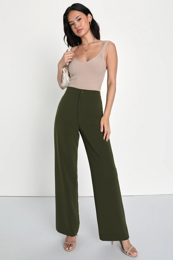 A Power Mood Olive Green High-Waisted Wide Leg Trouser Pants | Lulus