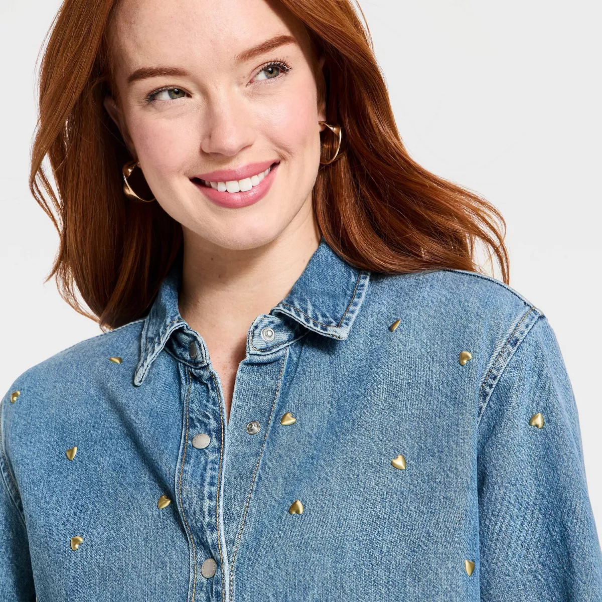 Women's Valentine's Day Relaxed Embellished Denim Shirt - Universal Thread™ Medium Wash M | Target