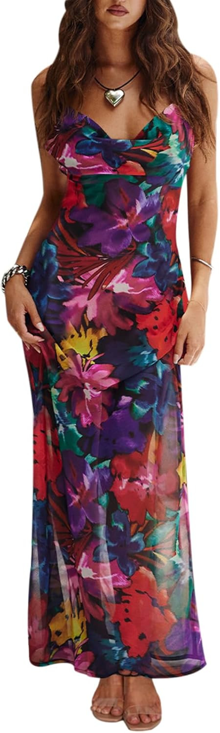 PRETTYGARDEN Women's 2024 Summer Floral Spaghetti Strap Maxi Dress Stretch Sexy Bodycon Dress Bac... | Amazon (US)