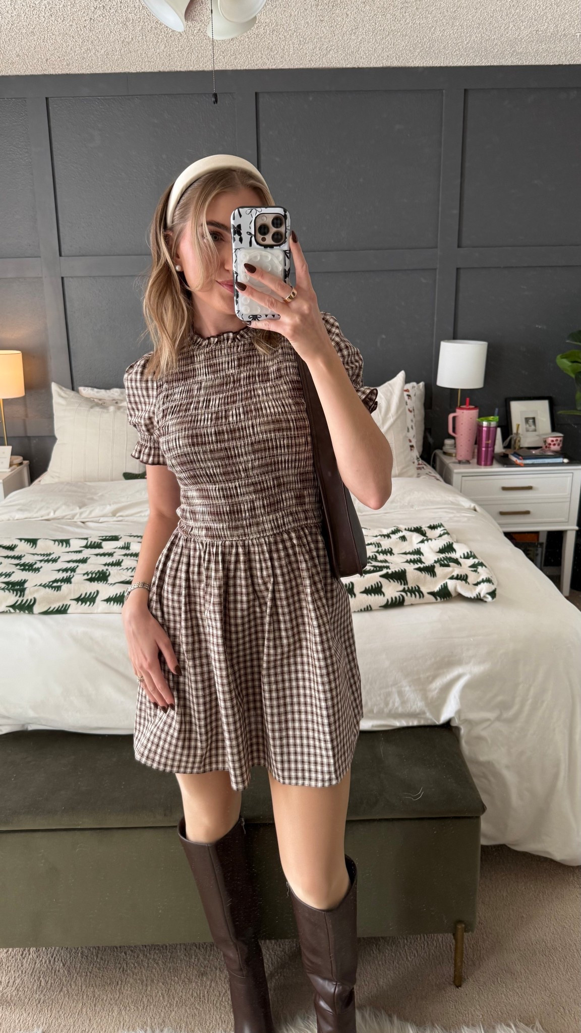 Cute smocked mini dress 🤎 also avail on tikitty took ➡️ gingham mini dress, cute fall winter outfit, Christmas Day outfit ideas, brown mini dress, headband outfit, girly outfit ideas, girl gift guide, tall brown boots with heel, kitten heel boots, durable tights, capezio tights, Sabrina carpenter tights

#LTKGiftGuide #LTKHoliday #LTKootd