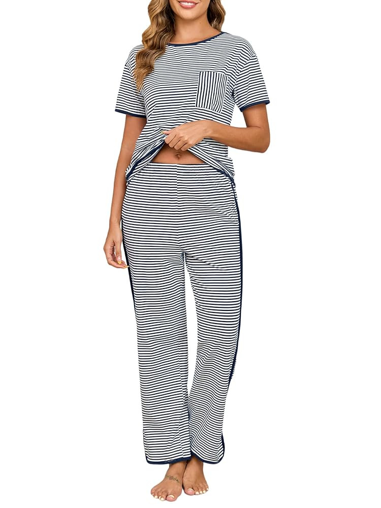 Donnalla Women's Pajama Sets Cotton 2 Piece Lounge Set Stripe Short Sleeve Pj Set Comfy Loungewea... | Amazon (US)