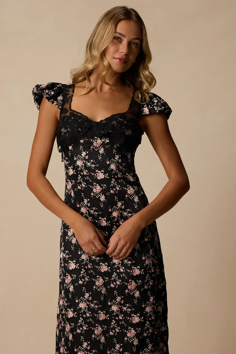 Panzy Black Floral Satin Midi Dress | Lulus