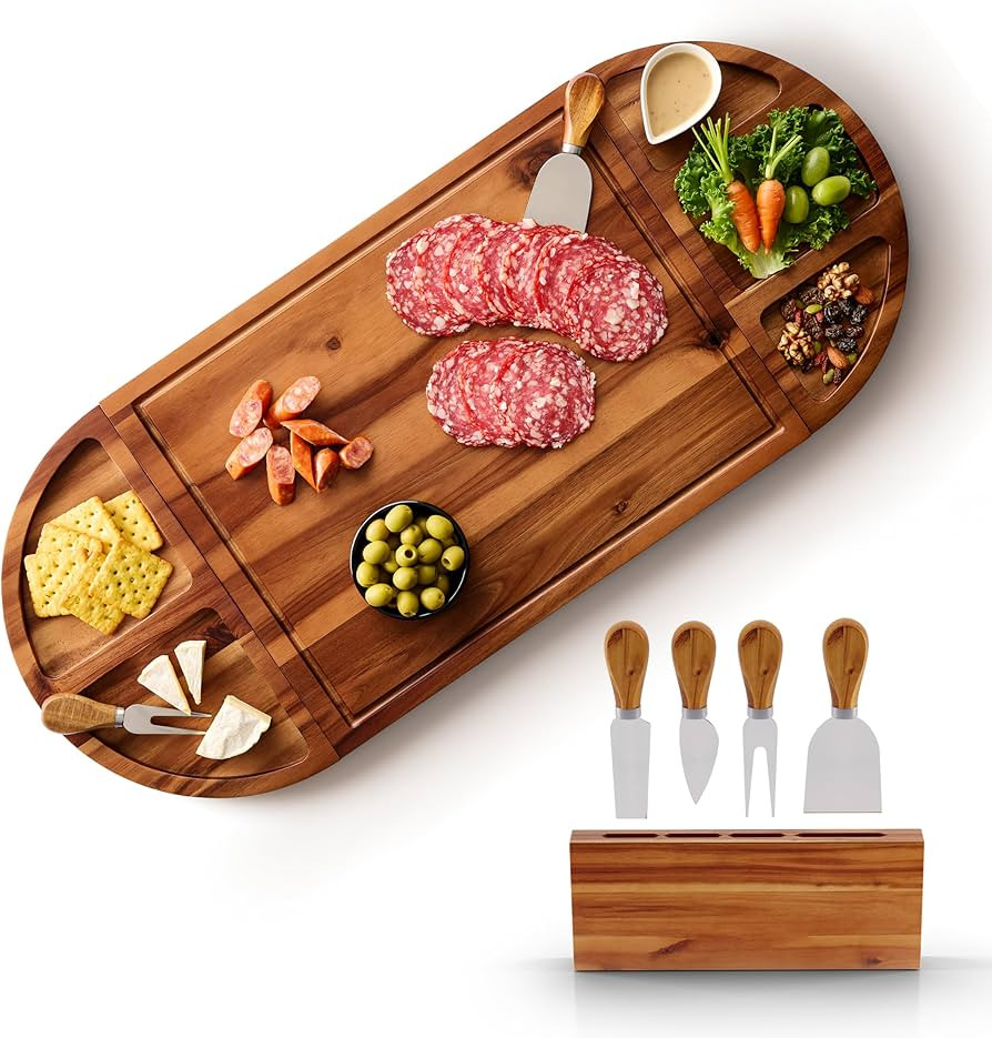 30 inch Large Acacia Wood Charcuterie Board with 4 Knives Set, Magnetic - 3 Parts Wooden Round Tr... | Amazon (US)