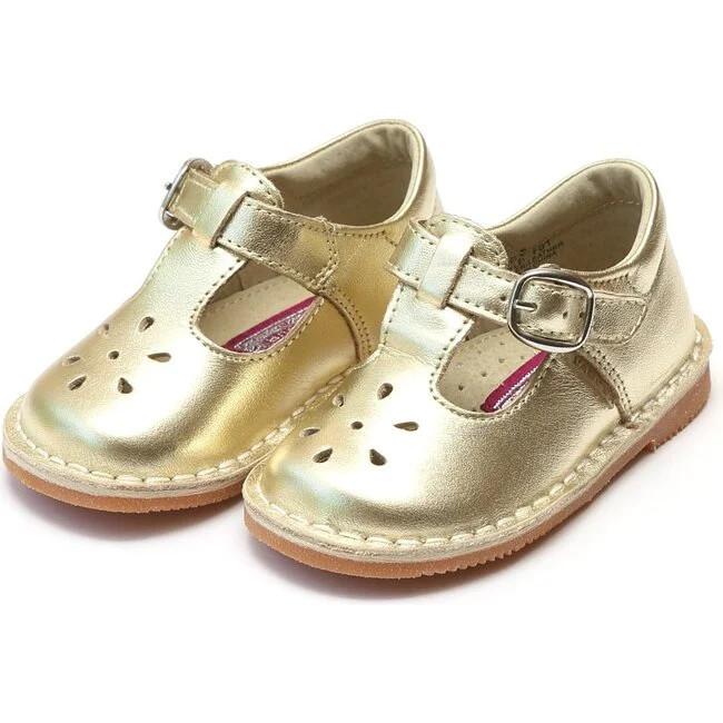 L'Amour | Joy Metallic Stitch Down Leather T-Strap Mary Jane Kids Shoes, Gold (Gold Metallic, Size 10) | Maisonette | Maisonette