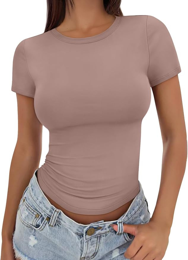 Trendy Queen Womens Basic T Shirts Summer Tops 2026 Crop Short Sleeve Slim Fit Tee Cute Gym Worko... | Amazon (US)