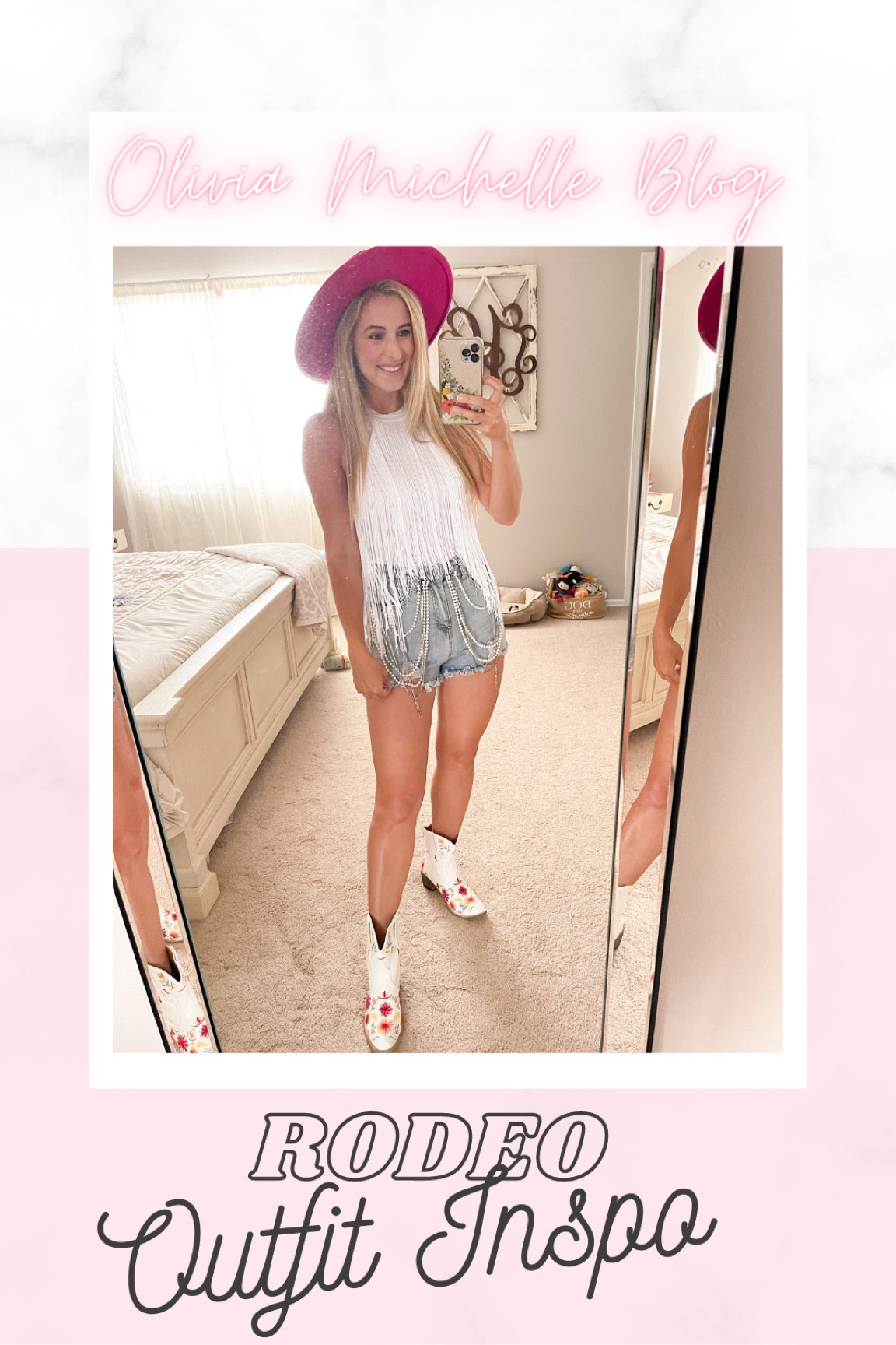 Rose outfit inspo / Nashville outfit inspo! Western style. Amazon finds. Amazon fashion. White shirt embroidered cowgirl boots. White fringe halter top bodysuit. Rhinestone pearl shorts. Pink hat from Altar'd State. 

#LTKshoecrush #LTKunder50