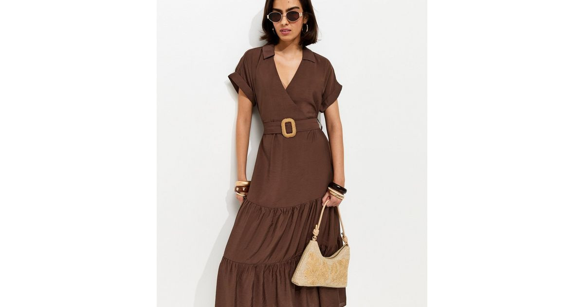 Dark Brown Tiered Belted Midi Dress | New Look | New Look (UK)