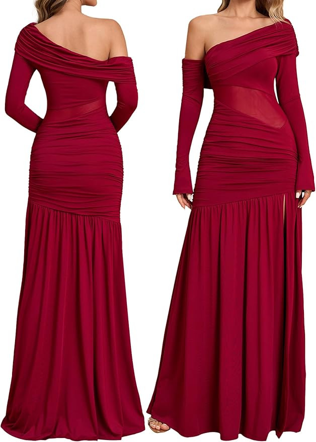 Women One Shoulder High Slit Maxi Dress Ruched Bodycon Cutout Long Sleeve Formal Wedding Guest Dr... | Amazon (US)