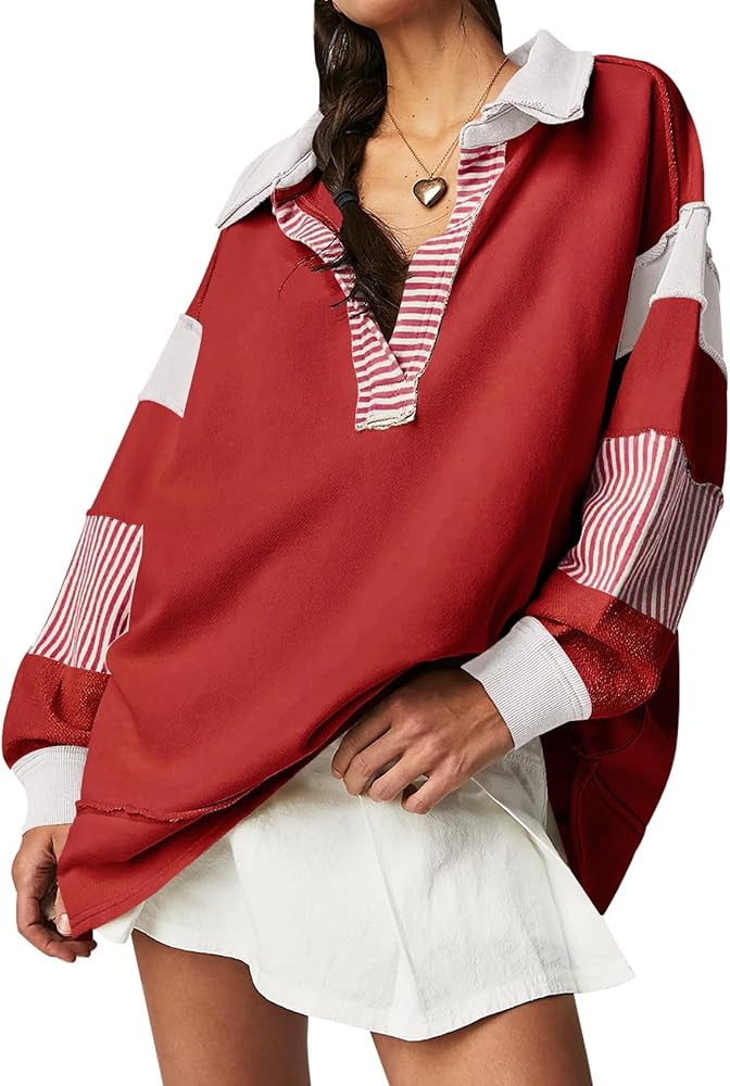 Women Oversized Patchwork Sweatshirt Lapel V Neck Collared Long Sleeve Polo Shirts Color Block St... | Amazon (US)