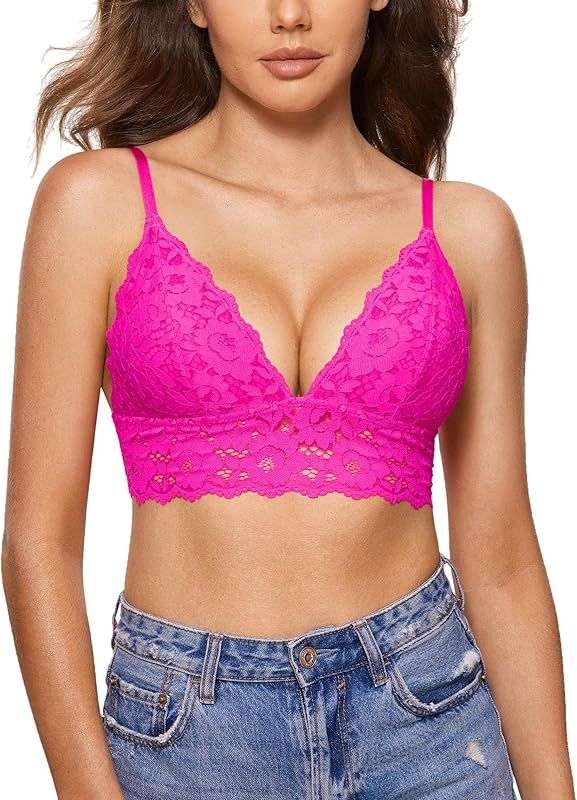 DOBREVA Women's Lace Padded Bralette Plunge Wireless Longline Bra for A to D Cups | Amazon (US)