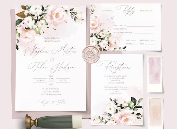 AVA Wedding Invitation Set Template Watercolor soft blush pink Flowers, Floral, Editable, Printab... | Etsy (US)
