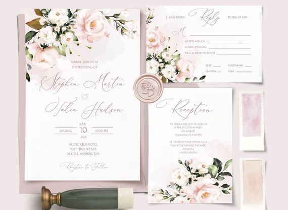 AVA Wedding Invitation Set Template Watercolor soft blush pink Flowers, Floral, Editable, Printab... | Etsy (US)