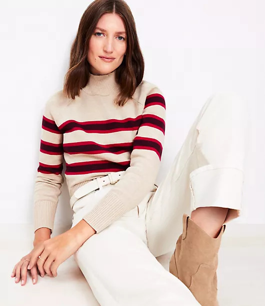 Loft Striped Ribtrim Mock Neck Sweater | LOFT
