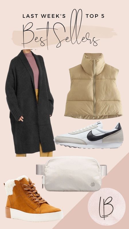 Best sellers-Nike daybreak, crop puffer vest, coatigan, Sherpa boot, lululemon belt bag

#LTKHoliday #LTKSeasonal #LTKGiftGuide