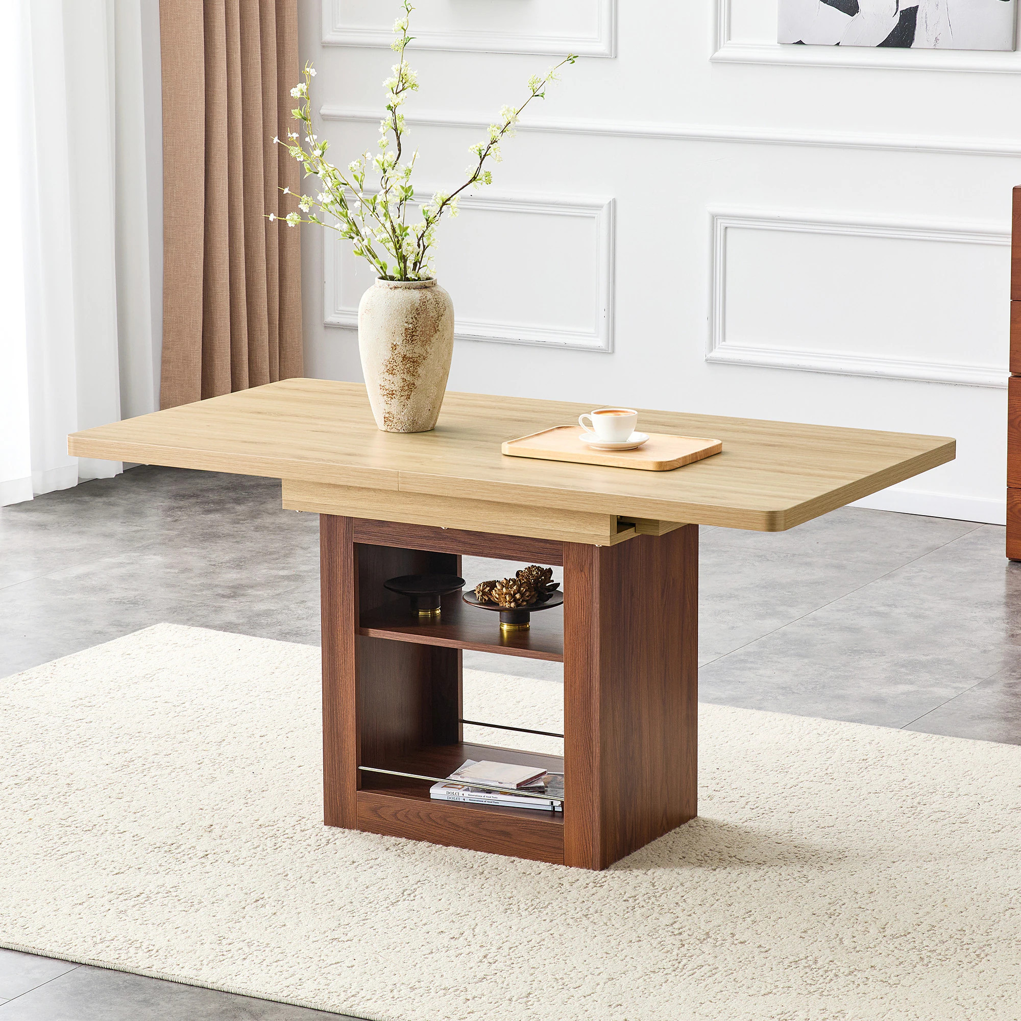 LUXEYARD An expandable dining table with storage space a 59 inch to 71 inch expandable kitchen dining table Wood color rectangular pull table with | Lowe's