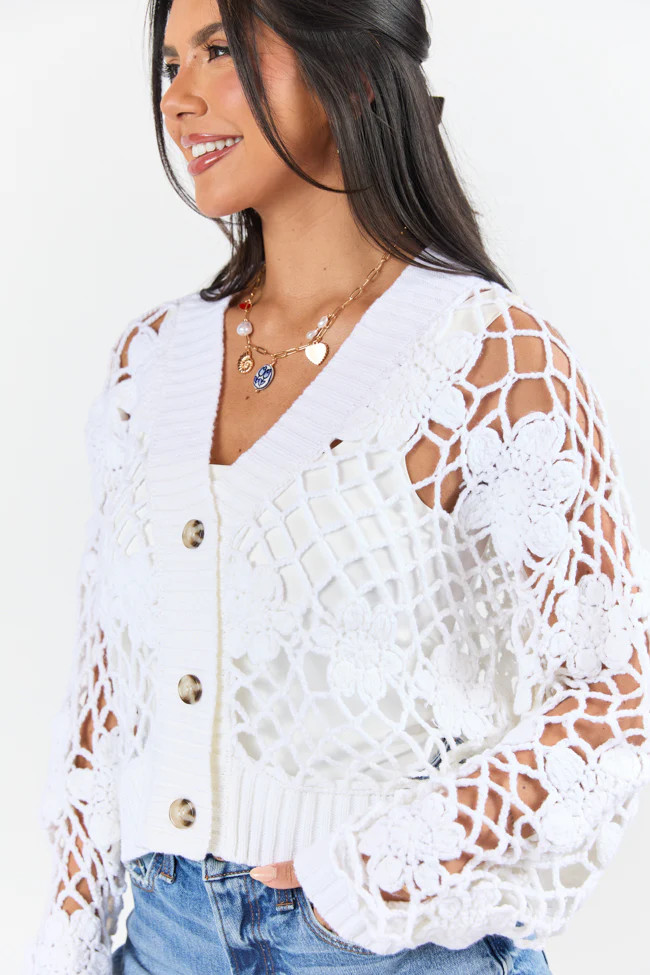 Picking Flowers Ivory Floral Crochet Open Knit Cardigan SALE | Pink Lily