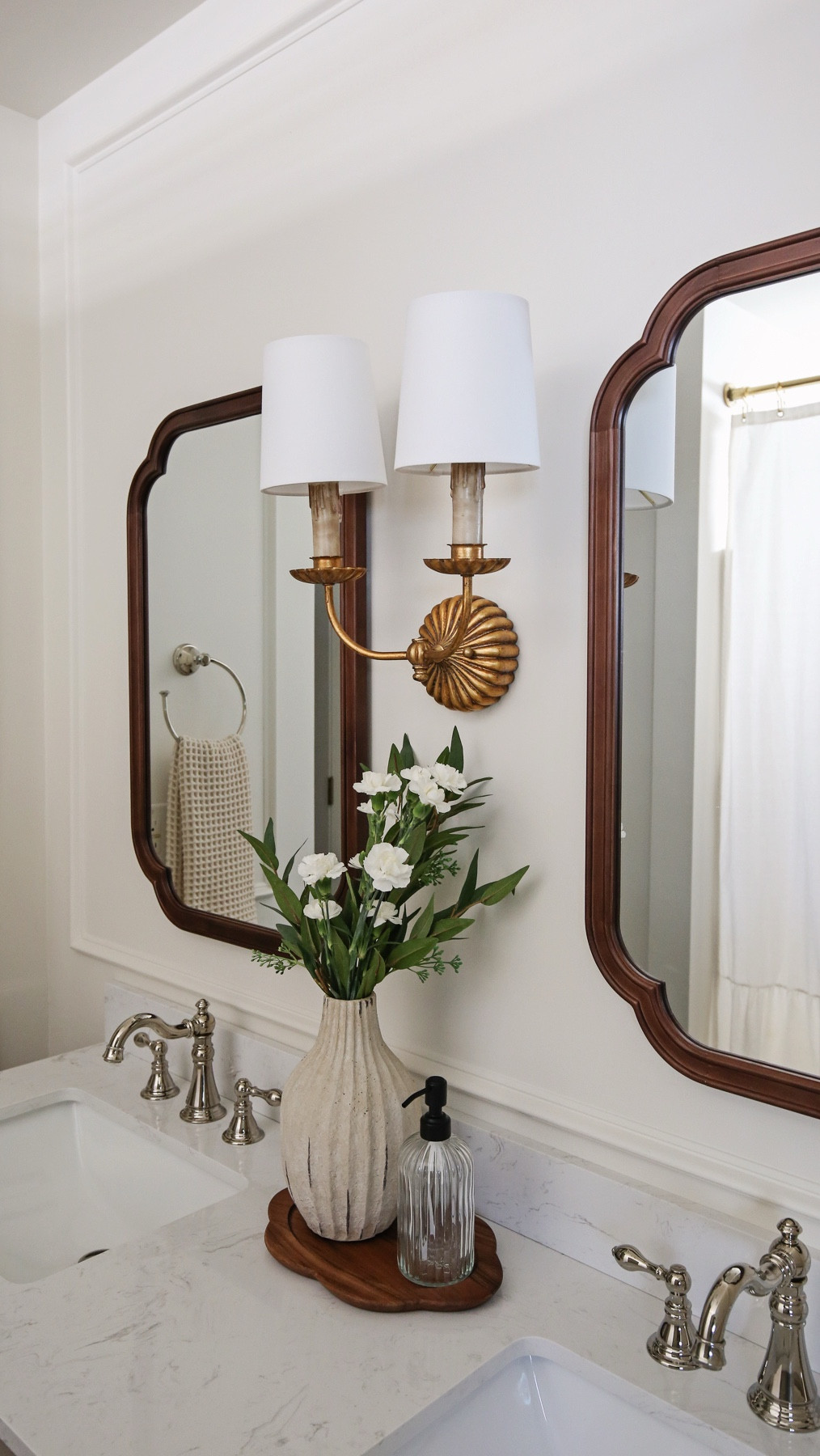 Bathroom lighting from @Wayfair #Wayfair #WayfairPartner #ad Charming, vintage look, double wall sconce with linen shades and fabric flush mount ceiling light in primary bathroom makeover.

#LTKHome #LTKStyleTip #LTKSaleAlert