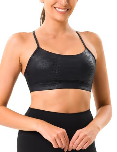 YUNOGA Women's Y Back Matte Faux Leather Sports Bras Padded Racerback Spaghetti Thin Strap Support Workout Yoga Bra (XXL, Crocodile Black) | Amazon (US)