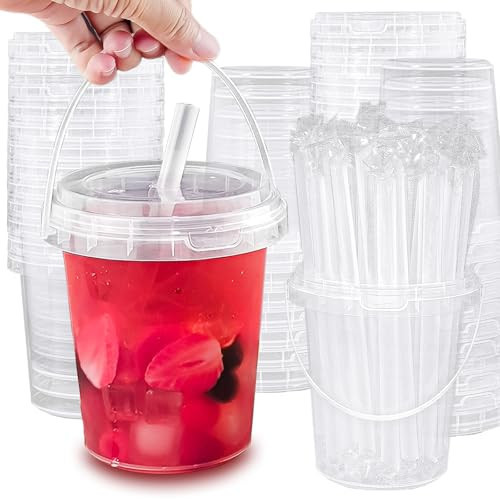 30 Sets - 34 oz Plastic Cups with Lid and Straw,Disposable Coffee Cups with Lids for Iced Coffee,Smoothie,Milkshake,Cold & Hot Drinks, Sturdy/Food Safe/Reusable Clear Party Cups for Pool, Beach Party | Amazon (US)