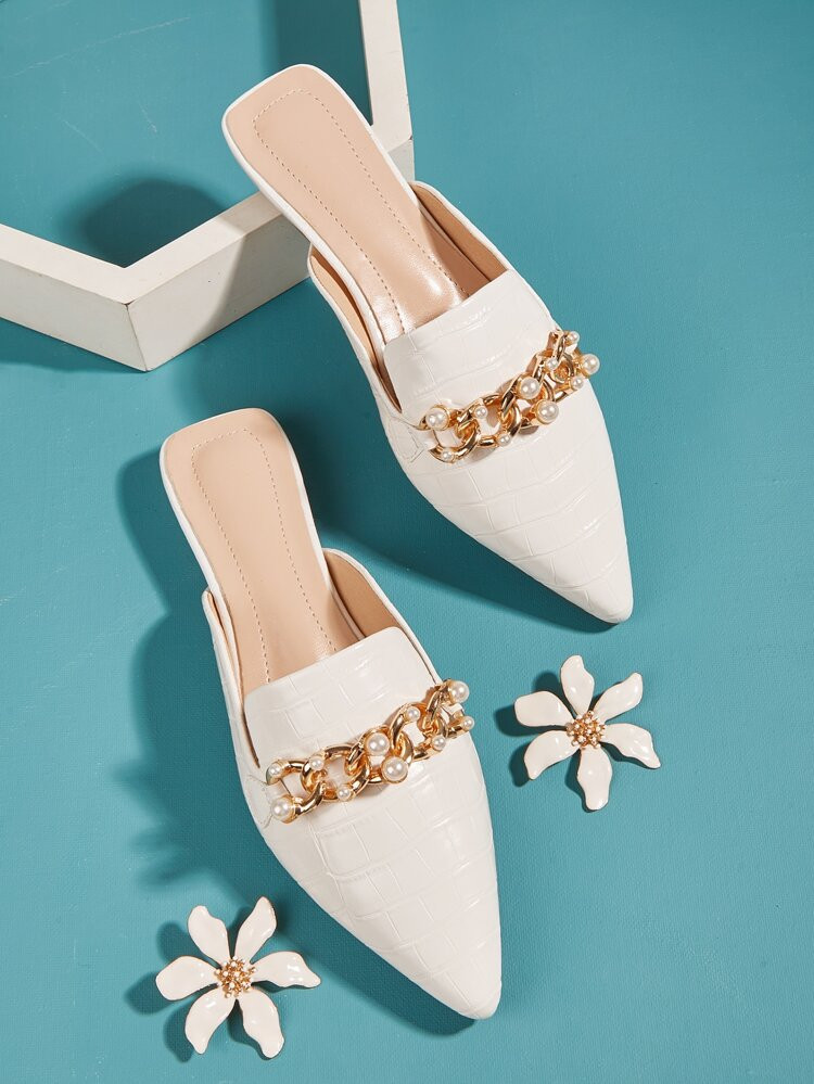 Chain Decor Croc Embossed Flat Mules | SHEIN