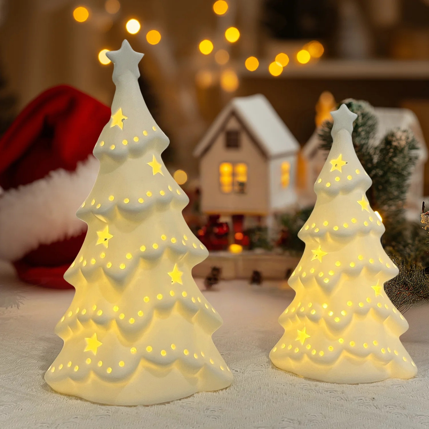 Liffy Ceramic White Christmas Trees with Lights - 2Pcs Glossy Hollow-Carved Tabletop Xmas Tree Fi... | Walmart (US)