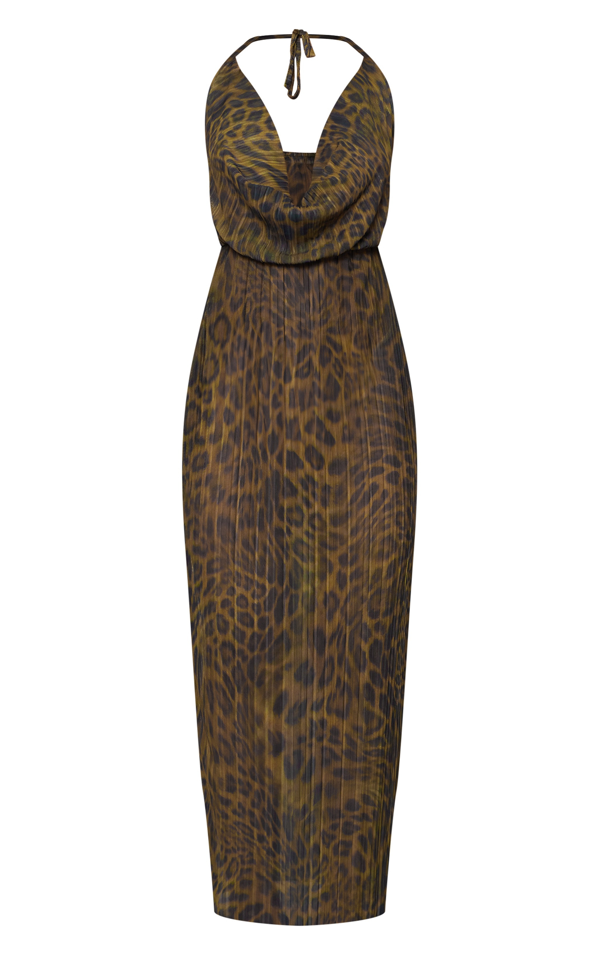 Brown Print Sheer Plisse Cowl Neck Maxi Dress | PrettyLittleThing US