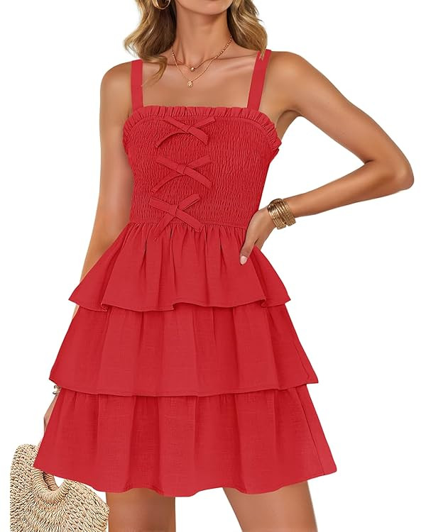 ZESICA Women's Summer Sleeveless Ruffle Tiered Layered Mini Dresses 2025 Square Neck Smocked Shor... | Amazon (US)