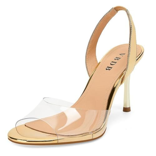 VBDB Women's Clear High Heels Sandals Slingback Open Toe Stiletto Heel Shoes for Women Weddings Parties Formally Daily Wear Gold 8.5 | Amazon (US)
