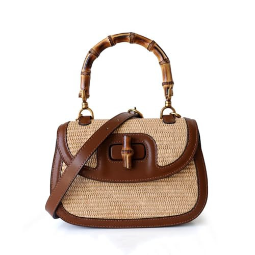 Small Women Tote bag, Bamboo Shape Handle, Leather and Straw Woven Top Handle Bags, Womens Crossbody Bag | Amazon (US)