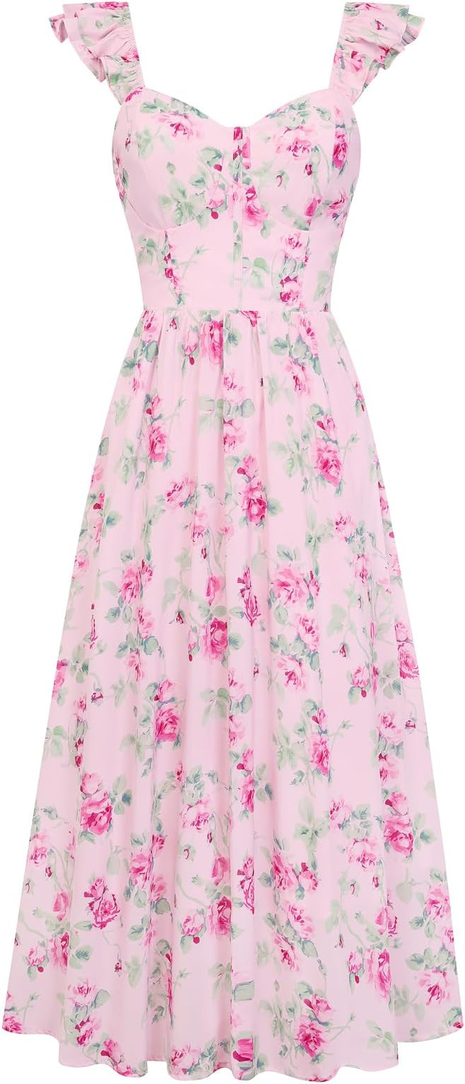 GRACE KARIN 2026 Women Summer Maxi Floral Corset Dress,Ruffle Sleeve Milkmaid Dresses, Wedding Gu... | Amazon (US)