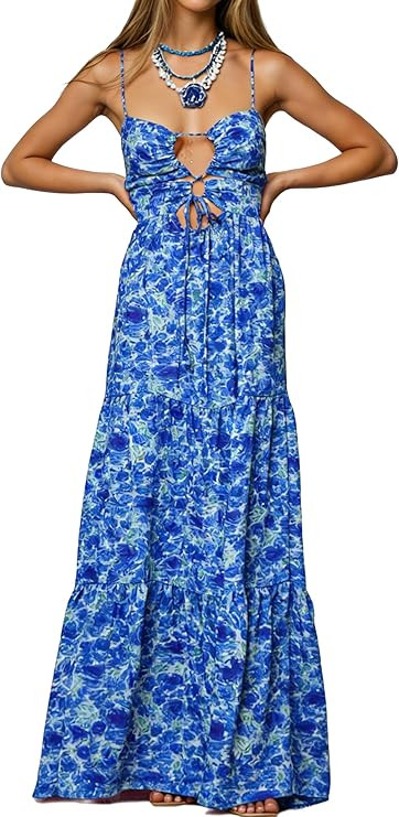 Womens Summer Floral Spaghetti Strap Backless Low Cut Smocked Milkmaid Flowy Beach Sundresses | Amazon (US)