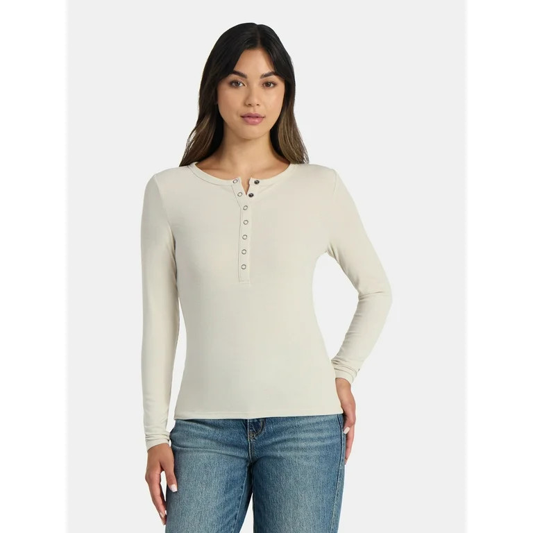 Time and Tru Women's Ribbed Henley Shirt with Long Sleeves, Sizes XS-XXXL | Walmart (US)