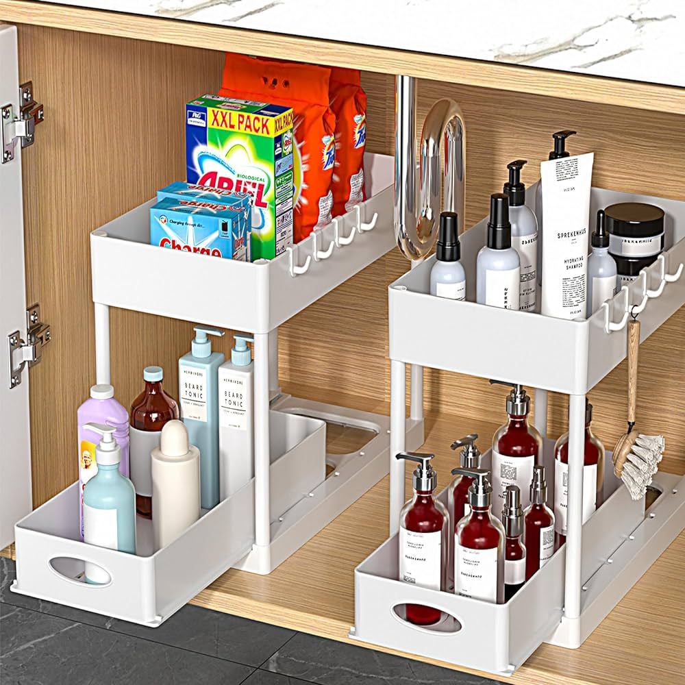 PUILUO 2 Set Under Sink Cabinet Organizer, 2 Tier Storage Under Cabinet Bathroom Under Sink Organ... | Amazon (US)