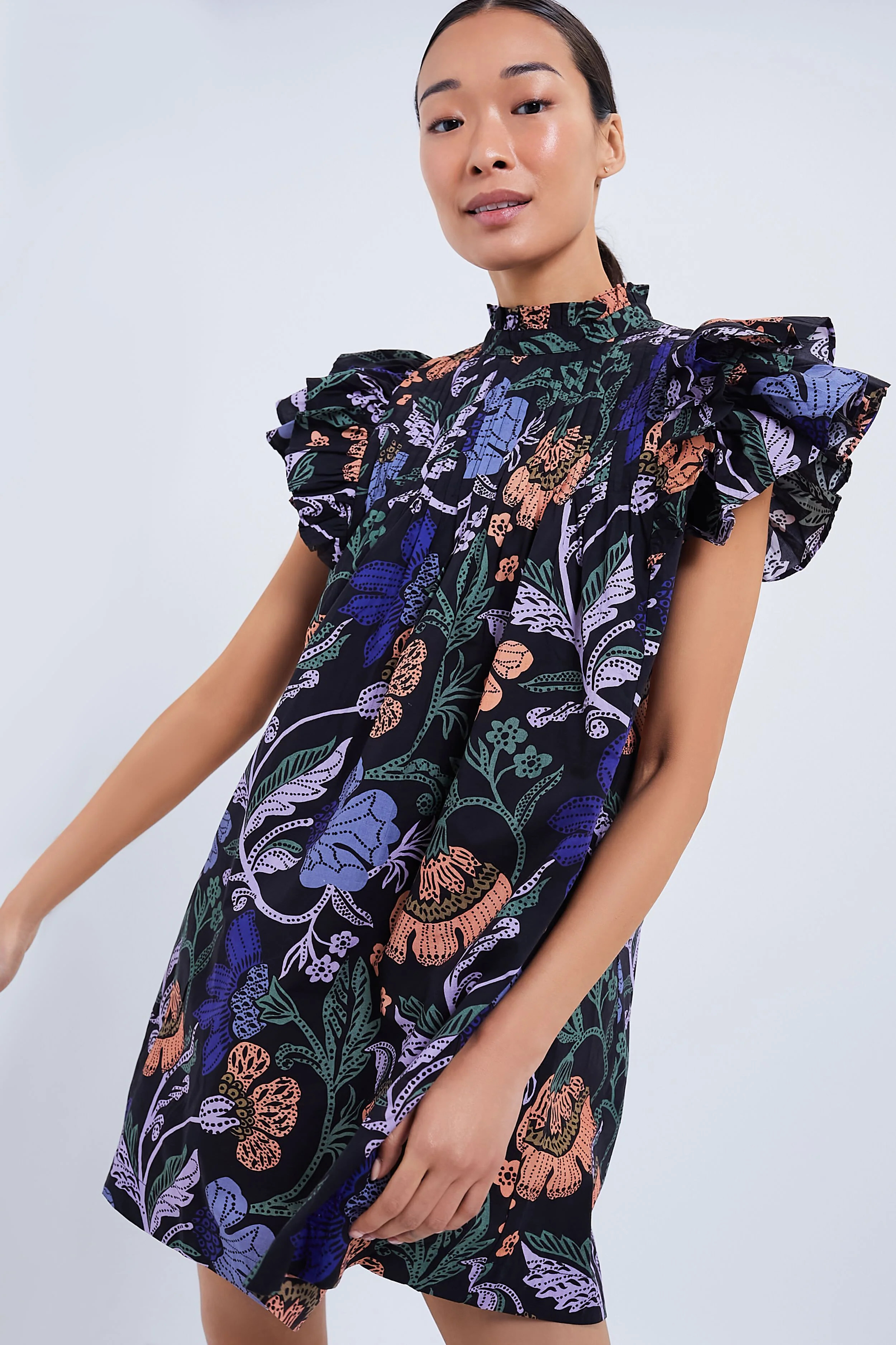 Exclusive Turnin Peri Black Floral Pintuck Ruffle Mini Dress | Tuckernuck (US)