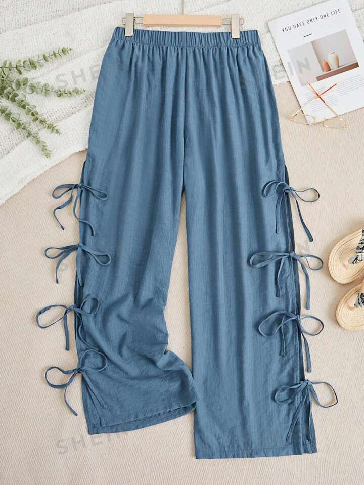 SHEIN Essnce Women's Plus Size Loose Fit Blue Pants With High Slit & Bow Tie Side Details, Summer... | SHEIN